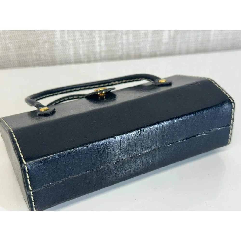Vintage Black Leather Rigid Box Clutch Bag Gold Hardware - 039-1 (118)